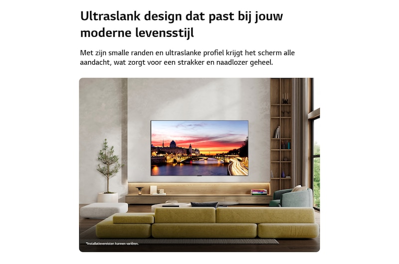 Een LG OLED evo AI C6 is aan de muur bevestigd in een stijlvolle woonruimte. Het apparaat heeft een ultradun ontwerp met smalle randen en toont een stadsgezicht aan de rivier bij zonsondergang op het scherm. 
