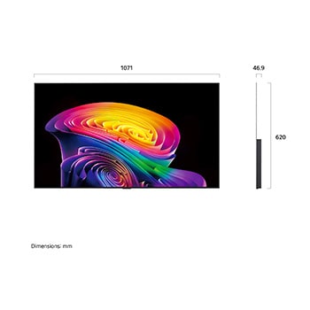Een LG OLED evo AI C6, weergegeven van de voorkant en van de zijkant, heeft een 48 inch scherm met een breedte van 1071 mm, een totale hoogte van 620 mm en een ultradunne diepte van 46,9 mm zonder standaard.