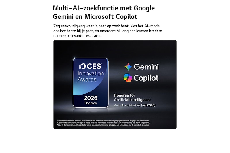 De CES Innovation Awards 2026-badge met eervolle vermelding in de categorie Kunstmatige Intelligentie erkent Multi-AI-zoekopdrachten met Google Gemini en Microsoft Copilot.