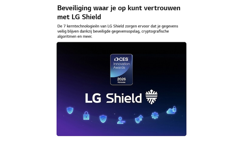 LG Shield, toegepast op LG OLED evo AI C6, wordt weergegeven met een LG Shield-logo in het midden, beveiligingspictogrammen onderaan en bovenaan een CES Innovation Awards 2026-badge met eervolle vermelding, die staat voor gegevens- en systeembescherming.