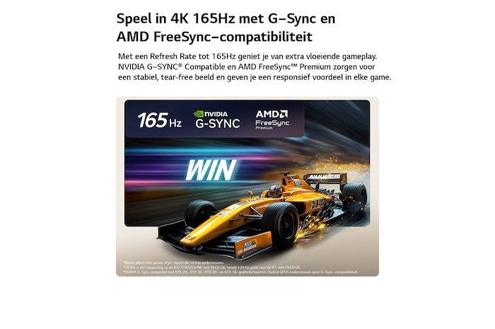 LG OLED evo AI C6 voor een ongeëvenaarde gameplay in 4K 165Hz toont een snelle racegame met een gele ‘open-wheel car’ in beweging, de opvallende tekst ‘WIN’ op het scherm en de logo’s van NVIDIA G-SYNC en AMD FreeSync Premium bovenaan.