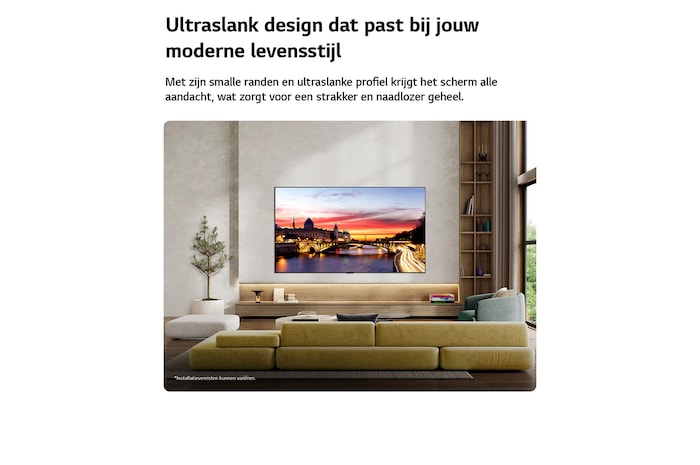 Een LG OLED evo AI C6 is aan de muur bevestigd in een stijlvolle woonruimte. Het apparaat heeft een ultradun ontwerp met smalle randen en toont een stadsgezicht aan de rivier bij zonsondergang op het scherm. 