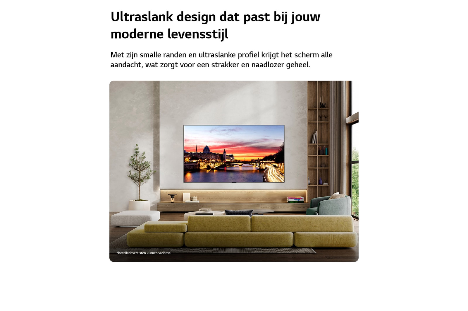 Een LG OLED evo AI C6 is aan de muur bevestigd in een stijlvolle woonruimte. Het apparaat heeft een ultradun ontwerp met smalle randen en toont een stadsgezicht aan de rivier bij zonsondergang op het scherm. 