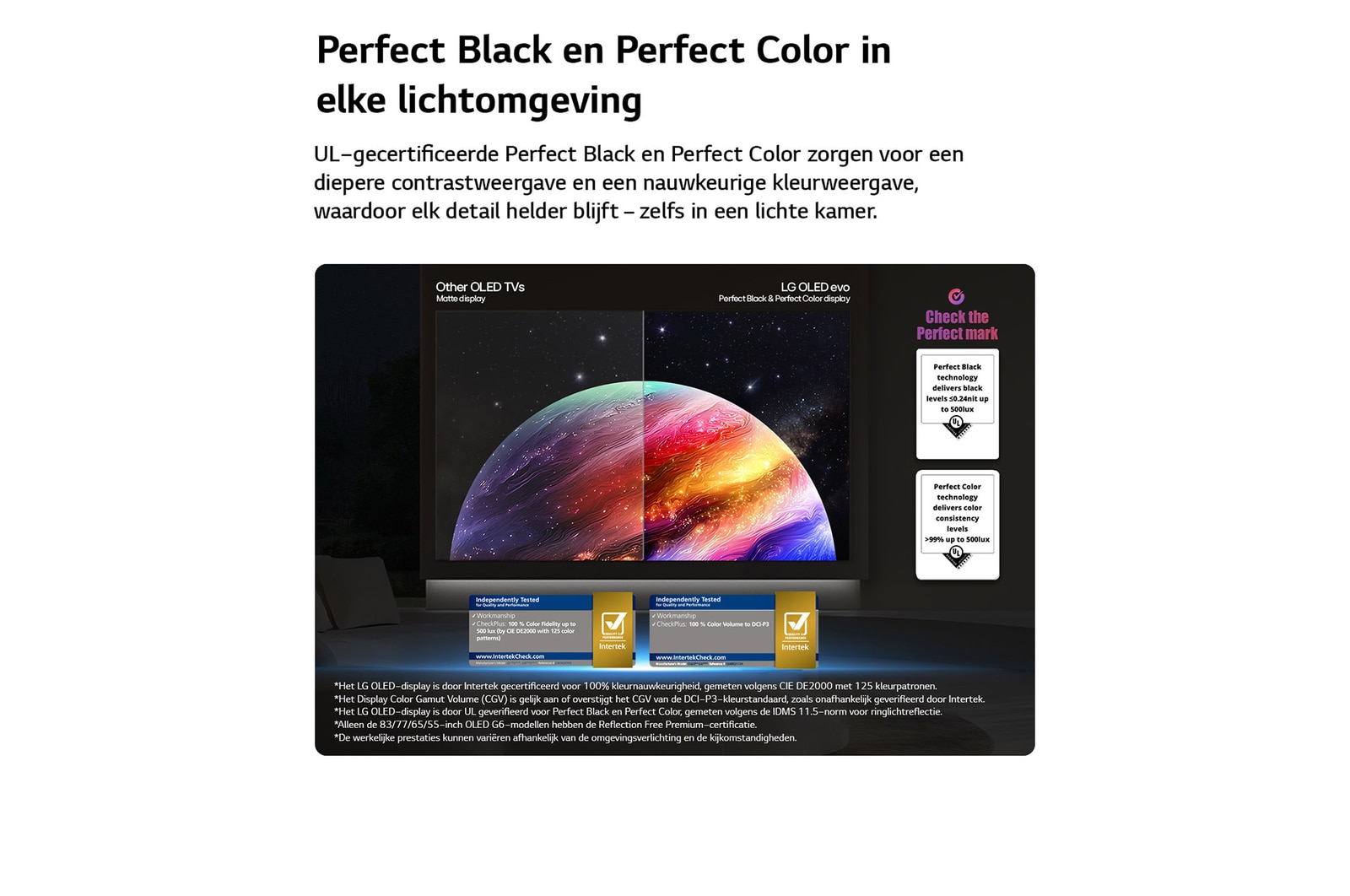 Een LG OLED evo AI C6 toont een gesplitst scherm met een afbeelding van een planeet en sterren, waarbij een mat scherm met anti-glare wordt vergeleken met het scherm met perfect zwart en perfecte kleuren voor een helderder beeld bij elke lichtomstandigheid, ondersteund door UL-certificering en Intertek-certificeringen voor kleurvolume en kleurechtheid.