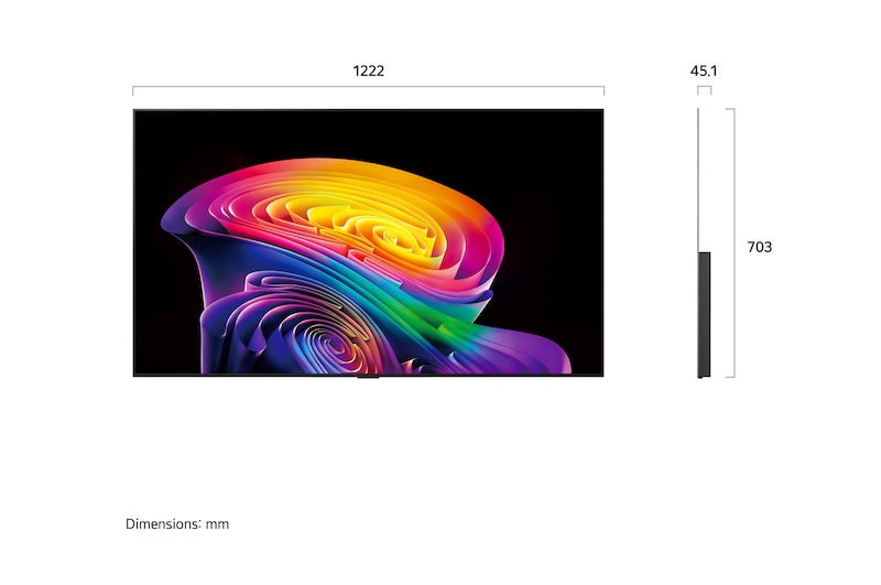 Een LG OLED evo AI C6, weergegeven van de voorkant en van de zijkant, heeft een 55 inch scherm met een breedte van 1222 mm, een totale hoogte van 703 mm en een ultradunne diepte van 45,1 mm zonder standaard.