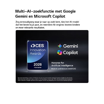 De CES Innovation Awards 2026-badge met eervolle vermelding in de categorie Kunstmatige Intelligentie erkent Multi-AI-zoekopdrachten met Google Gemini en Microsoft Copilot.