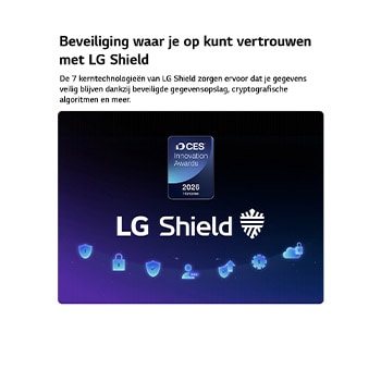 LG Shield, toegepast op LG OLED evo AI C6, wordt weergegeven met een LG Shield-logo in het midden, beveiligingspictogrammen onderaan en bovenaan een CES Innovation Awards 2026-badge met eervolle vermelding, die staat voor gegevens- en systeembescherming.