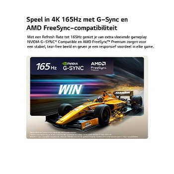 LG OLED evo AI C6 voor een ongeëvenaarde gameplay in 4K 165Hz toont een snelle racegame met een gele ‘open-wheel car’ in beweging, de opvallende tekst ‘WIN’ op het scherm en de logo’s van NVIDIA G-SYNC en AMD FreeSync Premium bovenaan.
