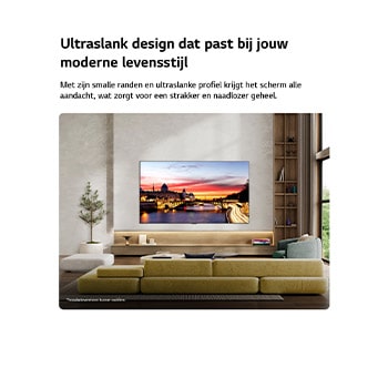 Een LG OLED evo AI C6 is aan de muur bevestigd in een stijlvolle woonruimte. Het apparaat heeft een ultradun ontwerp met smalle randen en toont een stadsgezicht aan de rivier bij zonsondergang op het scherm. 