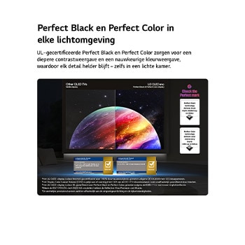 Een LG OLED evo AI C6 toont een gesplitst scherm met een afbeelding van een planeet en sterren, waarbij een mat scherm met anti-glare wordt vergeleken met het scherm met perfect zwart en perfecte kleuren voor een helderder beeld bij elke lichtomstandigheid, ondersteund door UL-certificering en Intertek-certificeringen voor kleurvolume en kleurechtheid.