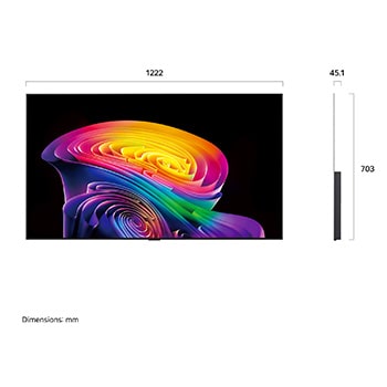 Een LG OLED evo AI C6, weergegeven van de voorkant en van de zijkant, heeft een 55 inch scherm met een breedte van 1222 mm, een totale hoogte van 703 mm en een ultradunne diepte van 45,1 mm zonder standaard.
