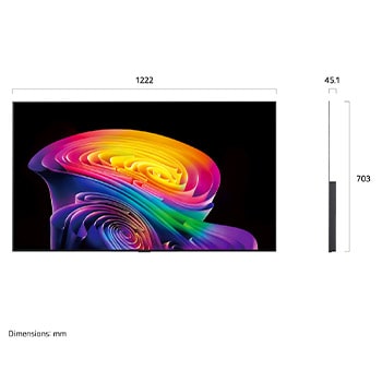 Een LG OLED evo AI C6, weergegeven van de voorkant en van de zijkant, heeft een 55 inch scherm met een breedte van 1222 mm, een totale hoogte van 703 mm en een ultradunne diepte van 45,1 mm zonder standaard.