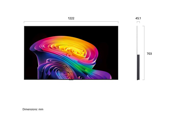 Een LG OLED evo AI C6, weergegeven van de voorkant en van de zijkant, heeft een 55 inch scherm met een breedte van 1222 mm, een totale hoogte van 703 mm en een ultradunne diepte van 45,1 mm zonder standaard.