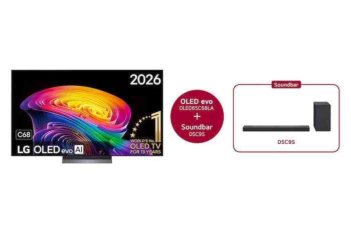 La vue avant de la LG OLED evo AI C6, lancée en 2026, présente un cadre noir fin, avec un tourbillon éclatant et sculpté de tons arc-en-ciel superposés circulant sur l’écran.
