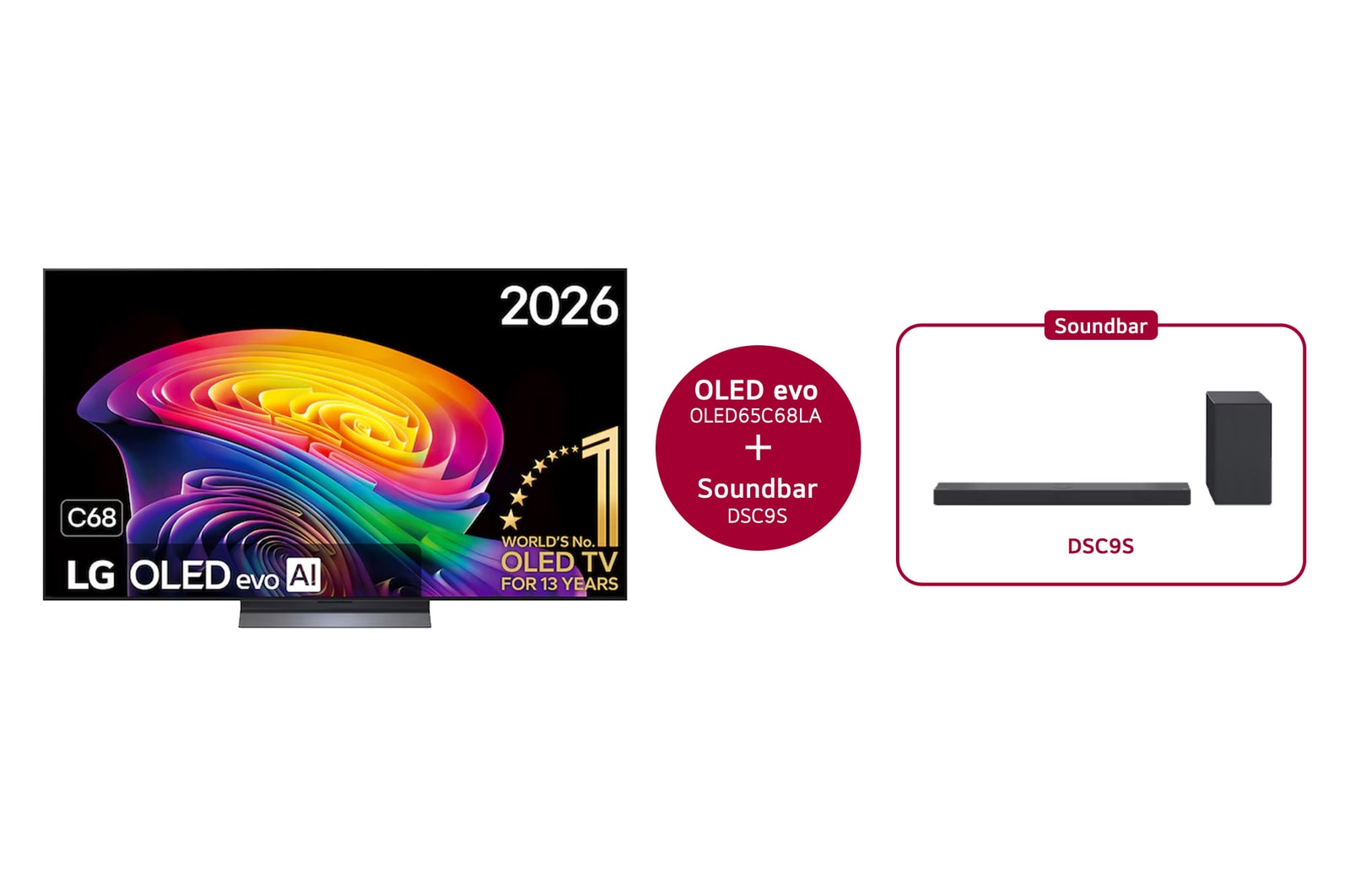 Vue avant de LG OLED evo AI C6 65 pouces & Barre de son LG DSC9S OLED65C68LA.DSC9S