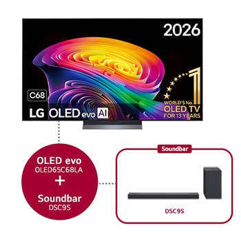 Vue avant de LG OLED evo AI C6 65 pouces & Barre de son LG DSC9S OLED65C68LA.DSC9S