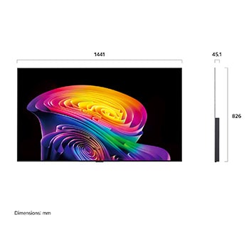 Een LG OLED evo AI C6, weergegeven van de voorkant en van de zijkant, heeft een 65 inch scherm met een breedte van 1441 mm, een totale hoogte van 826 mm en een ultradunne diepte van 45,1 mm zonder standaard.