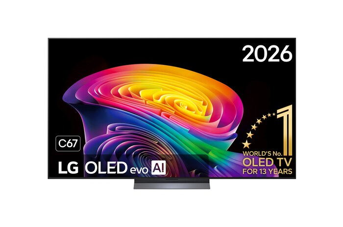De voorkant van de LG OLED evo AI C6, gelanceerd in 2026, heeft een slanke zwarte rand met een levendige, gebeeldhouwde werveling van gelaagde regenboogtinten die over het scherm vloeien.