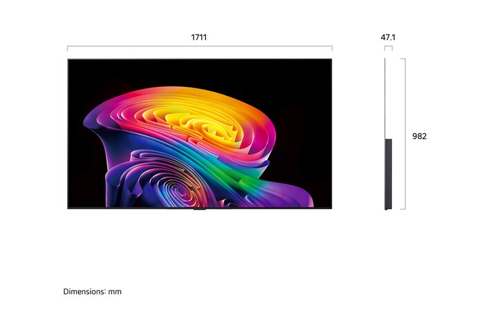 Een LG OLED evo AI C6, weergegeven van de voorkant en van de zijkant, heeft een 77 inch scherm met een breedte van 1711 mm, een totale hoogte van 982 mm en een ultradunne diepte van 47,1 mm zonder standaard.