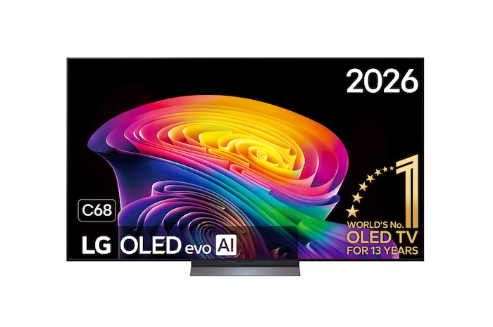 De voorkant van de LG OLED evo AI C6, gelanceerd in 2026, heeft een slanke zwarte rand met een levendige, gebeeldhouwde werveling van gelaagde regenboogtinten die over het scherm vloeien.