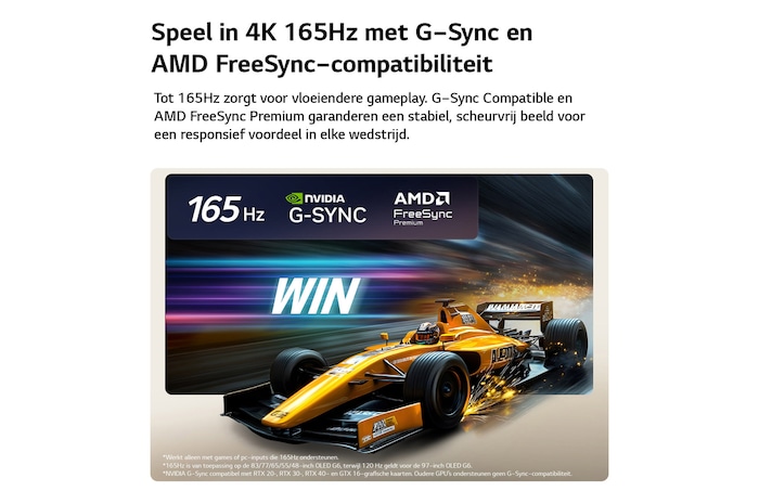 LG OLED evo AI C6 voor een ongeëvenaarde gameplay in 4K 165Hz toont een snelle racegame met een gele ‘open-wheel car’ in beweging, de opvallende tekst ‘WIN’ op het scherm en de logo’s van NVIDIA G-SYNC en AMD FreeSync Premium bovenaan.
