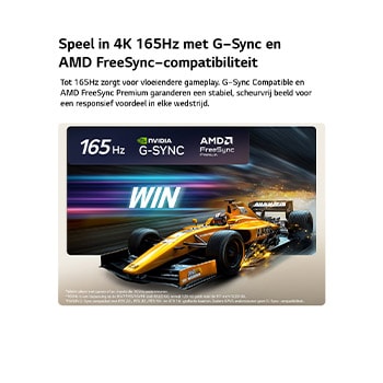 LG OLED evo AI C6 voor een ongeëvenaarde gameplay in 4K 165Hz toont een snelle racegame met een gele ‘open-wheel car’ in beweging, de opvallende tekst ‘WIN’ op het scherm en de logo’s van NVIDIA G-SYNC en AMD FreeSync Premium bovenaan.