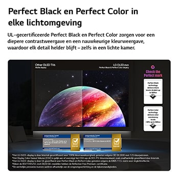 Een LG OLED evo AI C6 toont een gesplitst scherm met een afbeelding van een planeet en sterren, waarbij een mat scherm met anti-glare wordt vergeleken met het scherm met perfect zwart en perfecte kleuren voor een helderder beeld bij elke lichtomstandigheid, ondersteund door UL-certificering en Intertek-certificeringen voor kleurvolume en kleurechtheid.