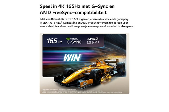 LG OLED evo AI C6 voor een ongeëvenaarde gameplay in 4K 165Hz toont een snelle racegame met een gele ‘open-wheel car’ in beweging, de opvallende tekst ‘WIN’ op het scherm en de logo’s van NVIDIA G-SYNC en AMD FreeSync Premium bovenaan.