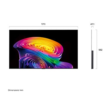 Een LG OLED evo AI C6, weergegeven van de voorkant en van de zijkant, heeft een 77 inch scherm met een breedte van 1711 mm, een totale hoogte van 982 mm en een ultradunne diepte van 47,1 mm zonder standaard.