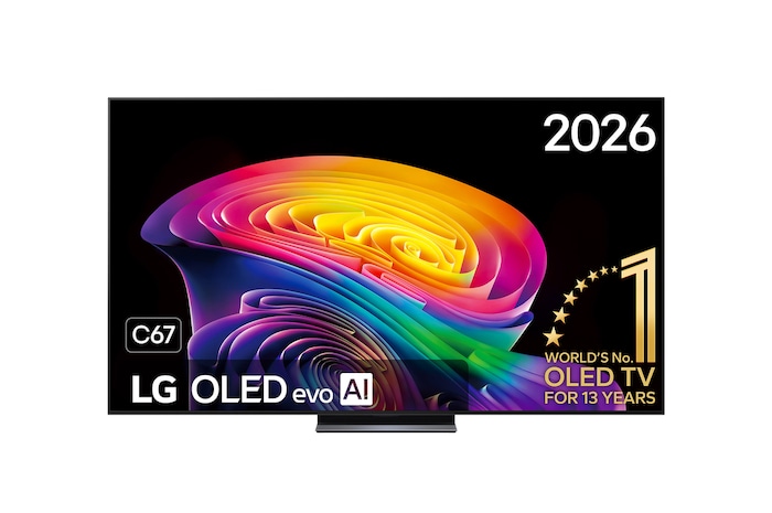 De voorkant van de LG OLED evo AI C6, gelanceerd in 2026, heeft een slanke zwarte rand met een levendige, gebeeldhouwde werveling van gelaagde regenboogtinten die over het scherm vloeien.