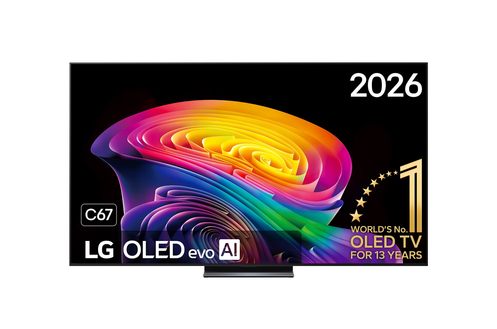 De voorkant van de LG OLED evo AI C6, gelanceerd in 2026, heeft een slanke zwarte rand met een levendige, gebeeldhouwde werveling van gelaagde regenboogtinten die over het scherm vloeien.