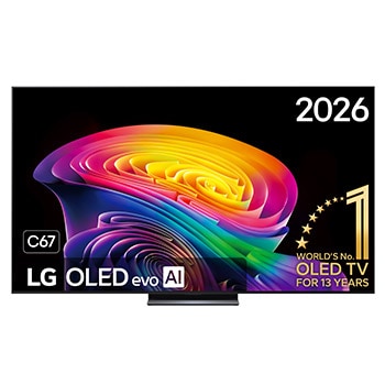 De voorkant van de LG OLED evo AI C6, gelanceerd in 2026, heeft een slanke zwarte rand met een levendige, gebeeldhouwde werveling van gelaagde regenboogtinten die over het scherm vloeien.