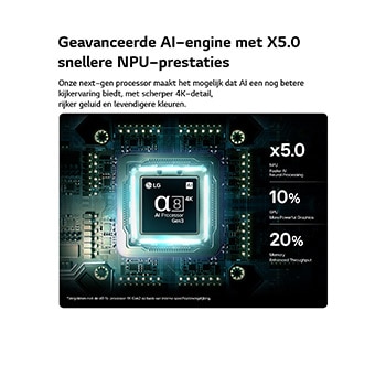 De alpha 11 AI Processor 4K Gen3 van de LG OLED evo C6 AI-tv straalt in paars en blauw licht op een donkere printplaat, waardoor de Dual AI Engine extra goed uitkomt en de NPU tot 5,6 keer sneller, de CPU 50% sneller en de GPU 70% krachtiger presteert.