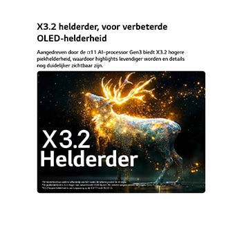 Een LG OLED evo AI C6 met Brightness Booster Pro toont een donkere scène waarin gloeiende deeltjes een herensilhouet omringen, met een tot 3,2 keer hogere piekhelderheid, een hogere luminantie en duidelijkere details.
