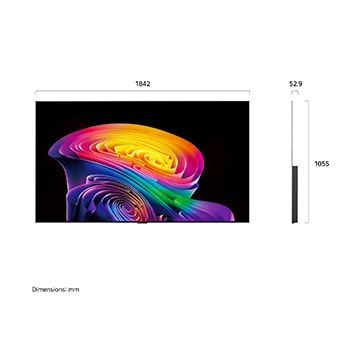 Een LG OLED evo AI C6, weergegeven van de voorkant en van de zijkant, heeft een 83 inch scherm met een breedte van 1842 mm, een totale hoogte van 1055 mm en een ultradunne diepte van 52,9 mm zonder standaard.