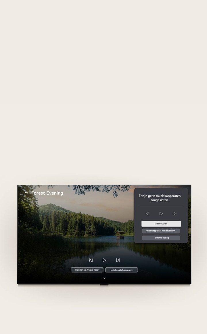 Een LG OLED evo AI C6’s LG Gallery+ met BGM en Music Lounge toont het tafereel ‘Forest Evening’ op het scherm, met een zichtbaar Music Lounge UI-paneel voor sfeermuziek, Bluetooth-weergave en bedieningselementen. 