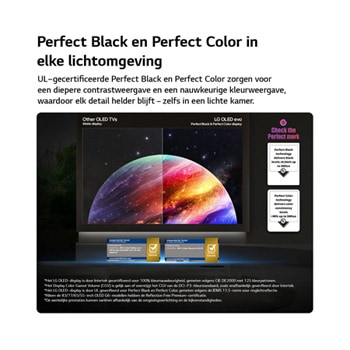 Een LG OLED evo AI G6 toont een gesplitst scherm met een afbeelding van een planeet en sterren, waarbij een mat scherm met anti-glare wordt vergeleken met het scherm met perfect zwart en perfecte kleuren voor een helderder beeld bij elke lichtomstandigheid, ondersteund door UL-certificering en Intertek-certificeringen voor kleurvolume en kleurechtheid.