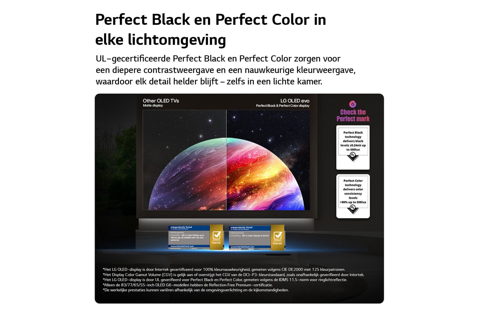 Een LG OLED evo AI G6 toont een gesplitst scherm met een afbeelding van een planeet en sterren, waarbij een mat scherm met anti-glare wordt vergeleken met het scherm met perfect zwart en perfecte kleuren voor een helderder beeld bij elke lichtomstandigheid, ondersteund door UL-certificering en Intertek-certificeringen voor kleurvolume en kleurechtheid.