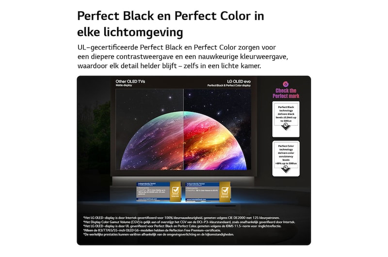 Een LG OLED evo AI G6 toont een gesplitst scherm met een afbeelding van een planeet en sterren, waarbij een mat scherm met anti-glare wordt vergeleken met het scherm met perfect zwart en perfecte kleuren voor een helderder beeld bij elke lichtomstandigheid, ondersteund door UL-certificering en Intertek-certificeringen voor kleurvolume en kleurechtheid.