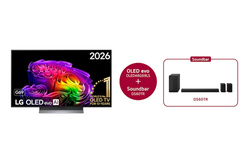 Vue avant de LG OLED evo AI G6 48 pouces & DS60TR canal 5.1 OLED48G69LS.DS60TR