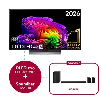 La vue avant de la LG OLED evo AI G6, lancée en 2026, présente un cadre fin noir, avec une image éclatante et sculpturale de formes multicolores richement superposées remplissant l’écran.