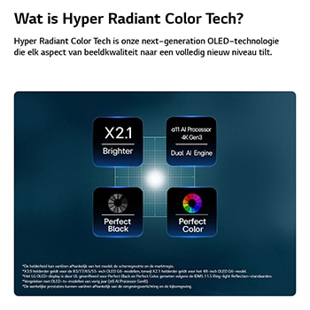 Een LG OLED evo AI G6, aangedreven door Hyper Radiant Color Tech, biedt 3,9 keer helderdere beelden met de alpha 11 AI-processor 4K Gen3 Dual AI Engine, Reflection Free Premium en perfect zwart en perfecte kleuren in een vijfhoekige lay-out.