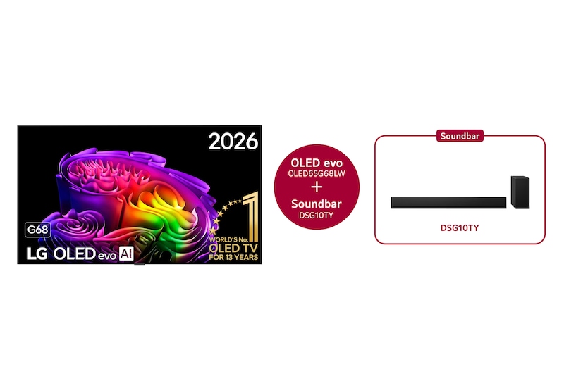 Vue avant de Smart TV LG OLED evo AI 4K G6 2026 65 pouces & DSG10TY 3.1 canaux OLED65G68LW.DSG10TY