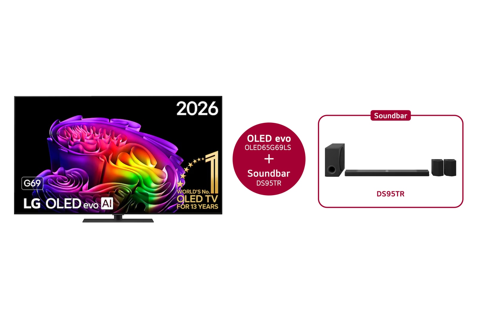 Vue avant de LG OLED evo AI G6 55 pouces & DS95TR canal 9.1.5 OLED65G69LS.DS95TR