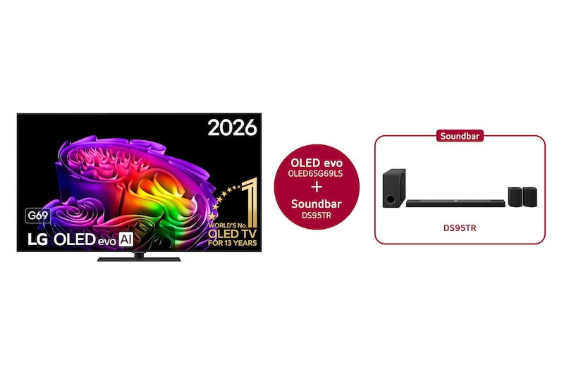 Vue avant de LG OLED evo AI G6 55 pouces & DS95TR canal 9.1.5 OLED65G69LS.DS95TR