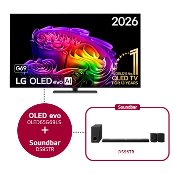 Vue avant de LG OLED evo AI G6 55 pouces & DS95TR canal 9.1.5 OLED65G69LS.DS95TR