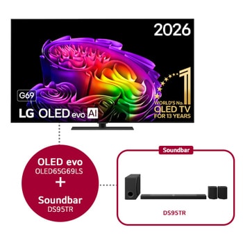 La vue avant de la LG OLED evo AI G6, lancée en 2026, présente un cadre fin noir, avec une image éclatante et sculpturale de formes multicolores richement superposées remplissant l’écran.