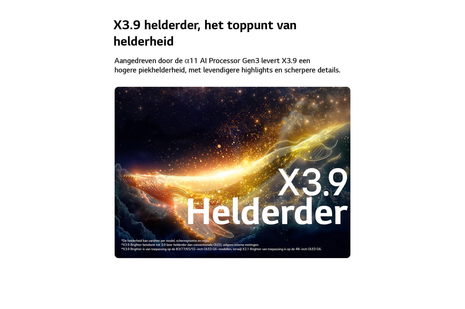 De LG OLED evo AI G6 met Brightness Booster Ultra toont een donkere scène waarin een helder verlicht silhouet van een walvis opvalt te midden van gloeiende deeltjes, met een 3,9 keer helderdere luminantie en duidelijkere details.