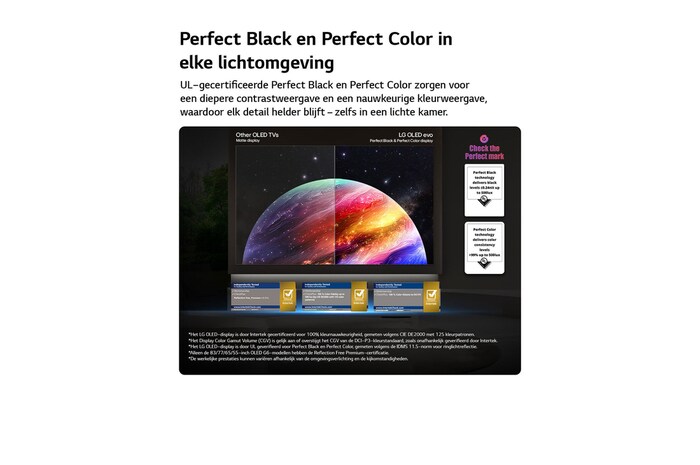 Een LG OLED evo AI G6 toont een gesplitst scherm met een afbeelding van een planeet en sterren, waarbij een mat scherm met anti-glare wordt vergeleken met het scherm met perfect zwart en perfecte kleuren voor een helderder beeld bij elke lichtomstandigheid, ondersteund door UL-certificering en Intertek-certificeringen voor kleurvolume en kleurechtheid.