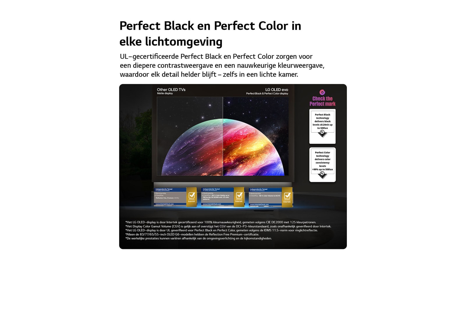 Een LG OLED evo AI G6 toont een gesplitst scherm met een afbeelding van een planeet en sterren, waarbij een mat scherm met anti-glare wordt vergeleken met het scherm met perfect zwart en perfecte kleuren voor een helderder beeld bij elke lichtomstandigheid, ondersteund door UL-certificering en Intertek-certificeringen voor kleurvolume en kleurechtheid.